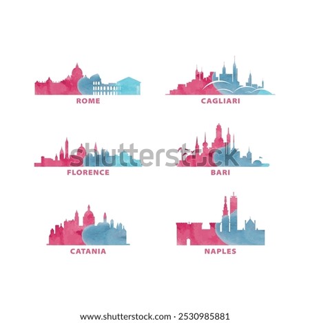 Italy cities skyline vector logo, icon set. Watercolor Rome, Florence, Cagliari, Bari, Catania, Naples silhouette. Isolated graphic collection