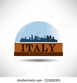 Italy, city skyline silhouette in snow globe. Vector design.