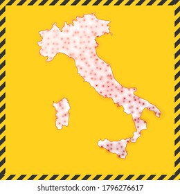 Italy closed - virus danger sign. Lockdown country icon. Black striped border around map with virus spread concept. Vector illustration.
