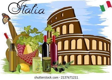 Italy in color vector illustration.Food and landmarks of Italy in color vector banner.