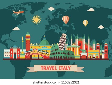 Italy colorful detailed skyline. Travel and tourism background. Vector illustration