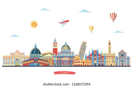 Italy colorful detailed skyline. Travel and tourism background. Vector illustration