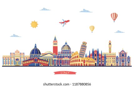 Italy colorful detailed skyline. Travel and tourism background. Vector illustration