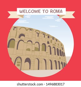 Italy, Colosseum. Vector illustration. Travel Enjoy Poster Template. Welcome to Roma promotional banner with famous coliseum.
