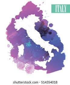 Italy. The contour of the country. Vector image of the hand on the background of watercolor stains . Conceptual drawing in grunge style .
