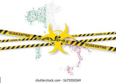 Italy Coronavirus quarantine concept. Covid-19, MERS-Cov. Yellow and black stripes with map in national flag colors. Quarantine biohazard sign. Vector.