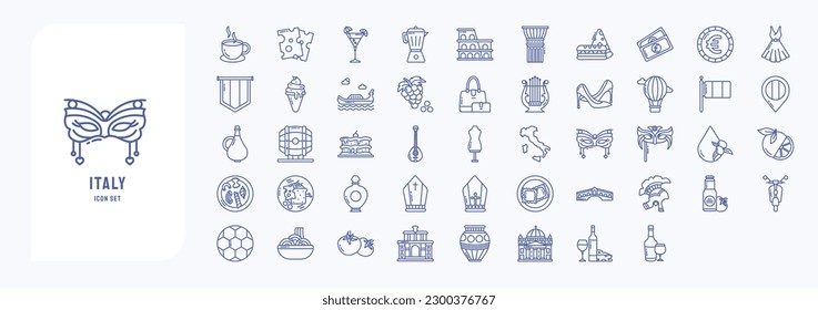 Italy country and culture, including icons like Cappuccino, Cheese, Cocktail, Coffee Pot and more
