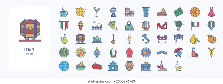 Italy country and culture, including icons like Cappuccino, Cheese, Cocktail, Coffee Pot and more