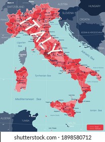 Italy country detailed editable map with regions cities and towns, roads and railways, geographic sites. Vector EPS-10 file