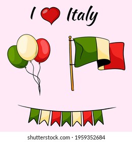 Italy. Country emblems. Italian flag. Balls in the colors of italy. Flash drives. Vector illustration in cartoon style. For design and decoration.