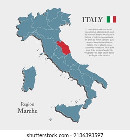 Italy country - high detailed illustration map divided on regions. Blank Italy map isolated on white background. Vector template region Marche for website, pattern, infographic