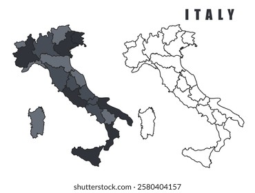 Italy country map black flat outline vector illustration set