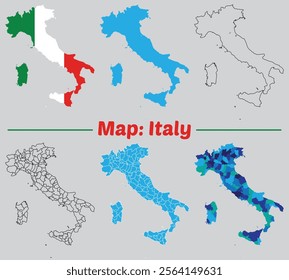 Italy country map set. internal provinces borders marked, Simple map of Italy vector drawing, Filled and outline.