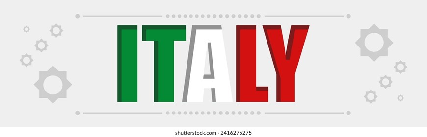 Italy country name and flag, Italia national day banner design. Italian flag and map theme with Rome landmark background. shapes of red and green color. Italy Vector illustration.