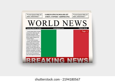 Italy country newspaper with flag, breaking news on newsletter, Italy news concept, gazette page with headline, journal with country flag, reading newspaper, streamer headline