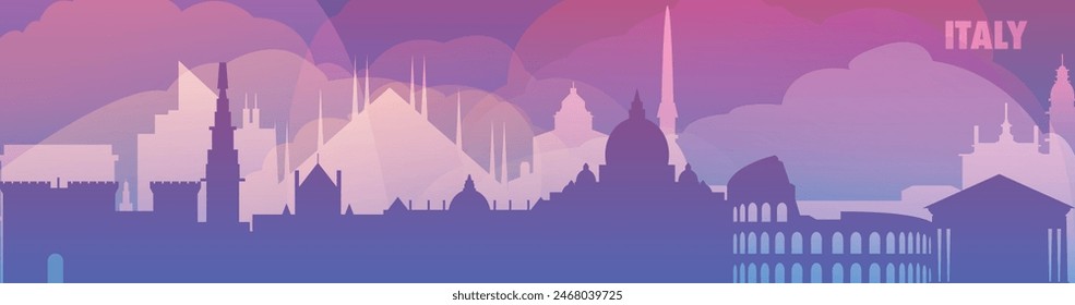 Horizonte de Italia con panorama de ciudades, Vector gradiente Anuncio delgado. Púrpura color Milán, Roma, Palermo, Nápoles, Génova, Turín, Bolonia paisaje urbano para pie de página, cabecera, infografía, gráficos Horizontales