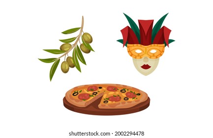 Italy Country Symbols with Venice Masquerade Mask and Branch of Olives Vector Set