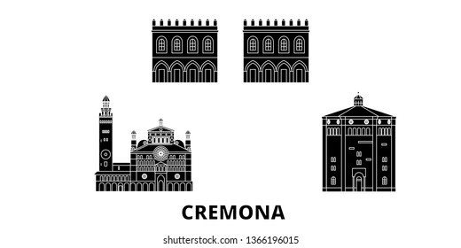 Italy, Cremona flat travel skyline set. Italy, Cremona black city vector illustration, symbol, travel sights, landmarks.