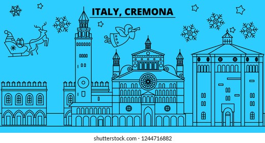 Italy, Cremona winter holidays skyline. Merry Christmas, Happy New Year decorated banner with Santa Claus.Italy, Cremona linear christmas city vector flat illustration