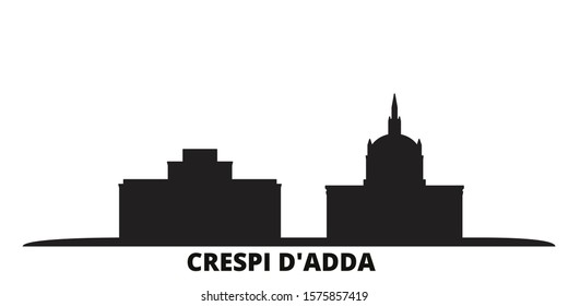 Italy, Crespi D'adda city skyline isolated vector illustration. Italy, Crespi D'adda travel black cityscape