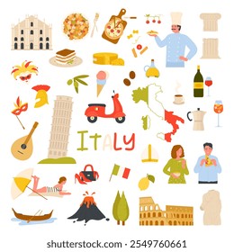 Italy culture and food stickers set. Italy text and people trying italian pasta and pizza, famous architecture and beach, map and flag, mask and gondola of Venice cartoon vector illustration