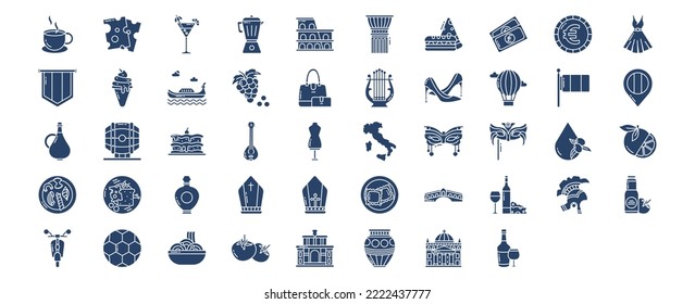 Italy culture, including icons like Cappuccino, Cheese, Cocktail, Coffee Pot and more. vector illustrations, Pixel Perfect set