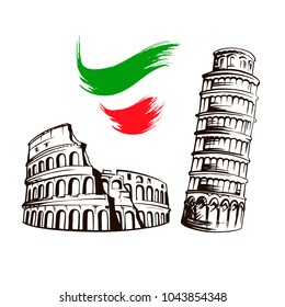 Italy Culture Symbols Or Italian Travel Famous Landmarks Vector Icons Set, Colosseum, Leaning Tower Of Pisa