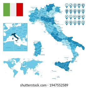 Italy detailed administrative blue map with country flag and location on the world map.