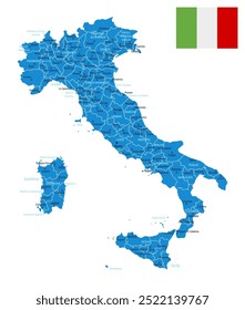 Italy - detailed blue country map with cities and regions. Vector illustration.