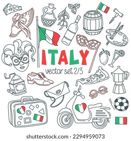 Italy doodle set. Italian landmarks, cities and cuisine. Vector drawings isolated on white background. Outline stroke is not expanded, stroke weight is editable