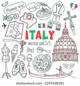 Italy doodle set. Italian landmarks, cities and cuisine. Vector drawings isolated on white background. Outline stroke is not expanded, stroke weight is editable