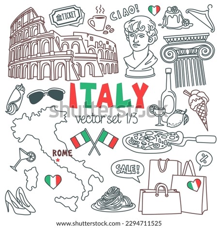 Italy doodle set. Italian landmarks, cities and cuisine. Vector drawings isolated on white background. Outline stroke is not expanded, stroke weight is editable