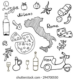 Italy Doodles Elements. Hand Drawn Set With Pizza Scooter, Wine, Cheese And Map. Drawing Doodle Collection,  Isolated On White Background