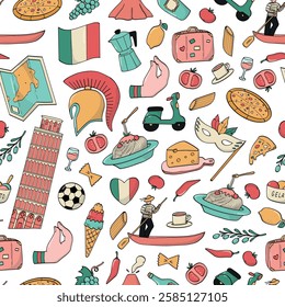 Italy doodles, italian cartoon elements seamless pattern for wallpaper, scrapbooking, digital paper, textile prints, wrapping paper, etc. EPS 10