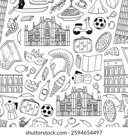 Italy doodles monochrome pattern for backgrounds, wallpaper, scrapbooking, stationery, packaging, wrapping paper, etc. EPS 10