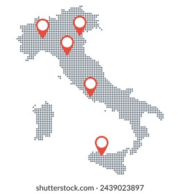 Mapa vectorial de puntos de Italia. Marcas de navegación rojas. Infografía moderna con puntos de destino de viaje o atracciones.