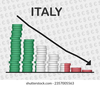 Italy economic collapse, decreasing values with coins, crisis and downgrade concept, Italy flag with changes, falling arrow, news banner idea, fail and decrease, financial decline