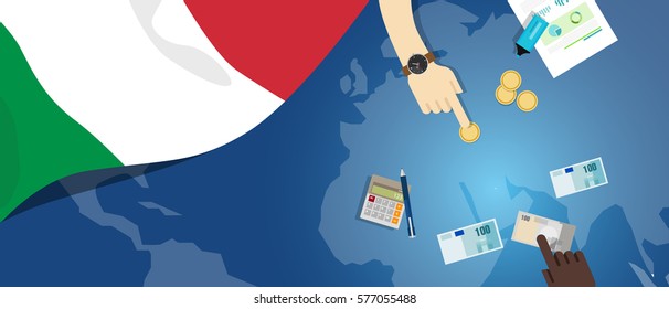 Italy economy fiscal money trade concept illustration of financial banking budget with flag, map and currency