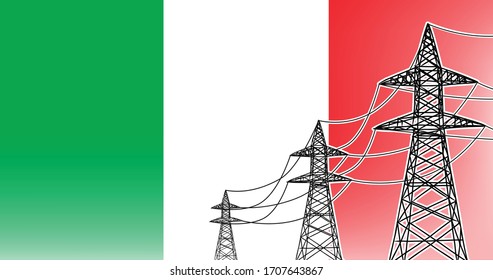 Italy electric power supply lines vector concept three high voltage poles with wires on flag background, used colors green, red, white