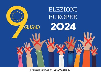 Italy ELEZIONI EUROPEE. European elections 2024 in language Italian. People raising hands. Cross check marks and European Flag Background with Stars. flat vector illustration.