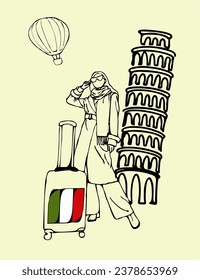 italy, Europe, Leaning Tower of Pisa, globe, girl, travel, Christmas Holidays, weekend, vector, illustration