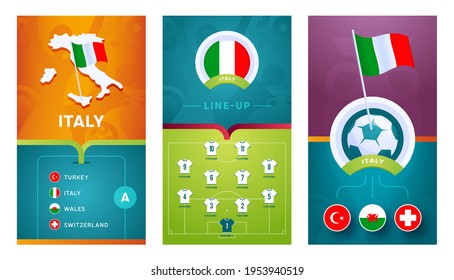 italy European 2020 football vertical banner set for social media. euro 2020 Italy group A banner with isometric map, pin flag, match schedule and line-up on soccer field