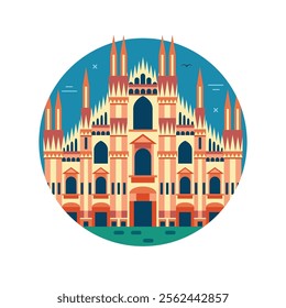 Italy famous cathedral circle icon inspired by old basilica of Milan in flat design. Gothic italian church architectural landmark.