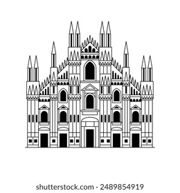 Italy famous cathedral icon inspired by old basilica of Milan in line art design. Gothic italian church architectural landmark.