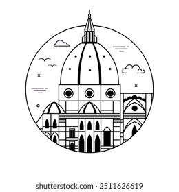 Itália famosa cúpula círculo igreja con inspirado na catedral de Santa Maria das Flores Duomo de Florença aka Santa Maria del Fiore em design de arte em linha. Um marco arquitetônico da igreja italiana.