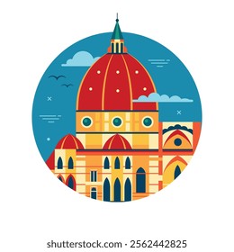 Italy famous dome church circle con inspired by cathedral of Saint Mary of the Flowers Duomo of Florence aka Santa Maria del Fiore in flat design. Italian church architectural landmark.