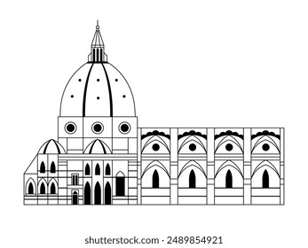 Italy famous dome church icon inspired by cathedral of Saint Mary of the Flowers Duomo of Florence aka Santa Maria del Fiore in line art design. Italian church architectural landmark.