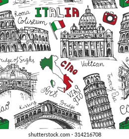 Italy famous landmark seamless pattern.Vintage Hand drawn doodle art sketchy.Italian  travel,hello.Coliseum,Vatican,bridges of Venice,tower of Pisa,map.Travel background.Linear Vector