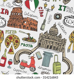 Italy Famous Rome Landmark Seamless Pattern.Vintage Hand Drawn Doodle Art Sketchy.Italian Rome,travel,hello.Coliseum,Vatican,food,pizza,icon Symbols.Colored Vector Background