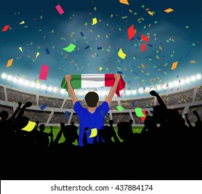 Italy fan stand up and hand flag in silhouette group to celebrate the team won in the soccer match on the stadium background, with confetti in the night time, design for template in vector format